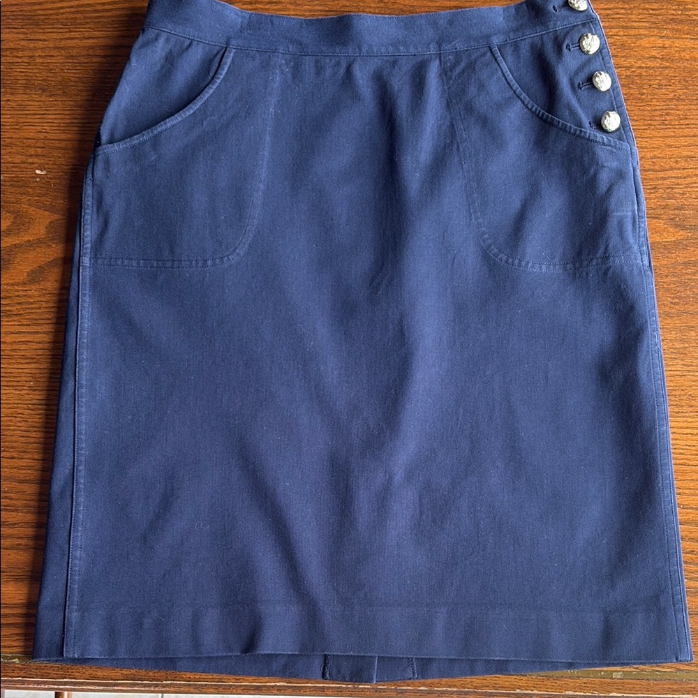 Ralph Lauren navy stretch cotton pencil skirt silver button accent EUC